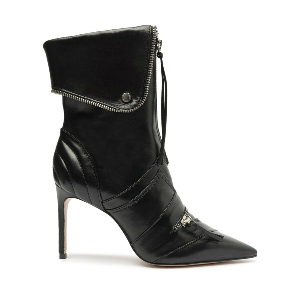 New Schutz 7.5 Black Ankle Zipper Top Cuff Stiletto Heeled Boots